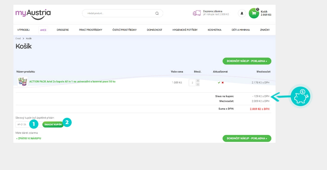 Návod jak uplatnit slevový kód v košíku e-shopu myAustria