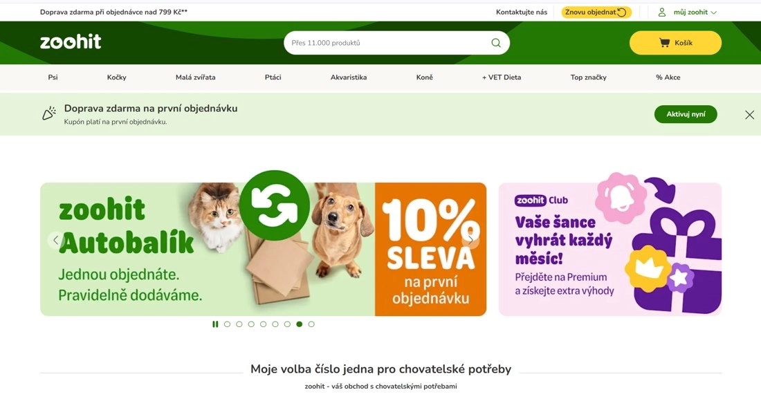 Home page Zoohit s barevným obrázkem s kočkou a psem