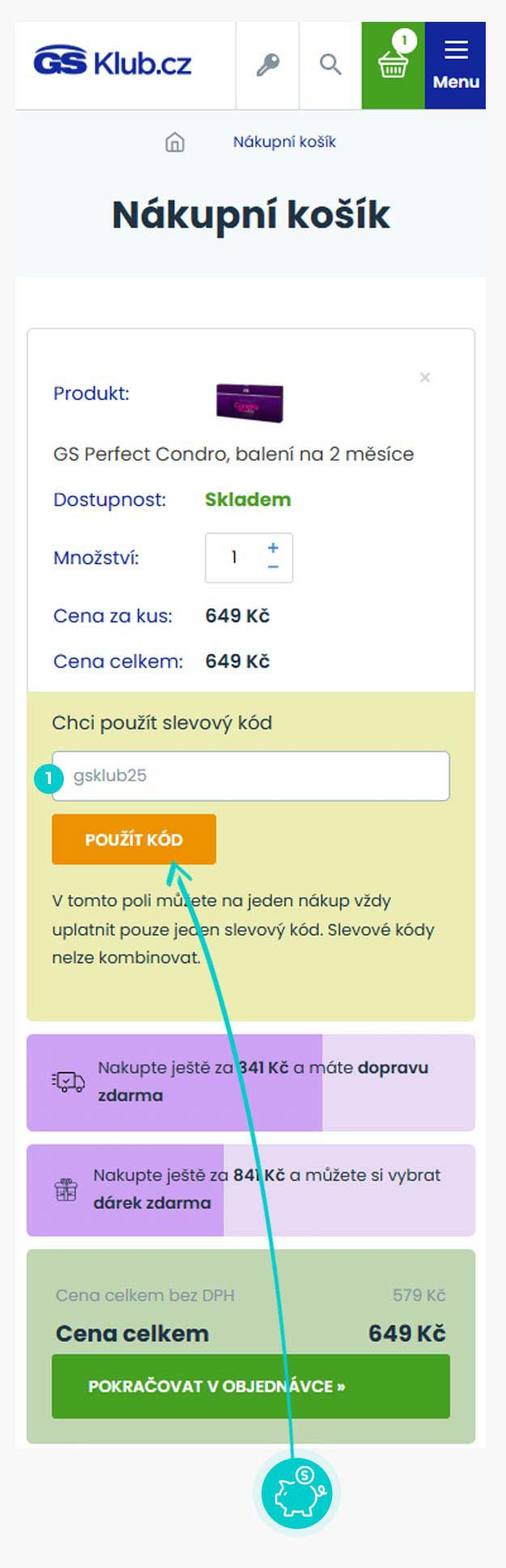 Návod jak uplatnit slevový kód v košíku e-shopu GS Klub