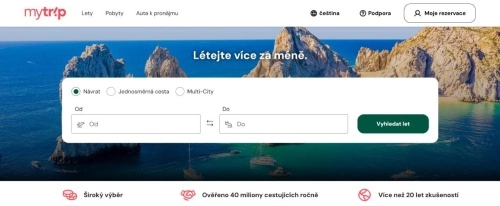 homepage Mytrip s nabídkou letů, pobytů a pronájmu aut
