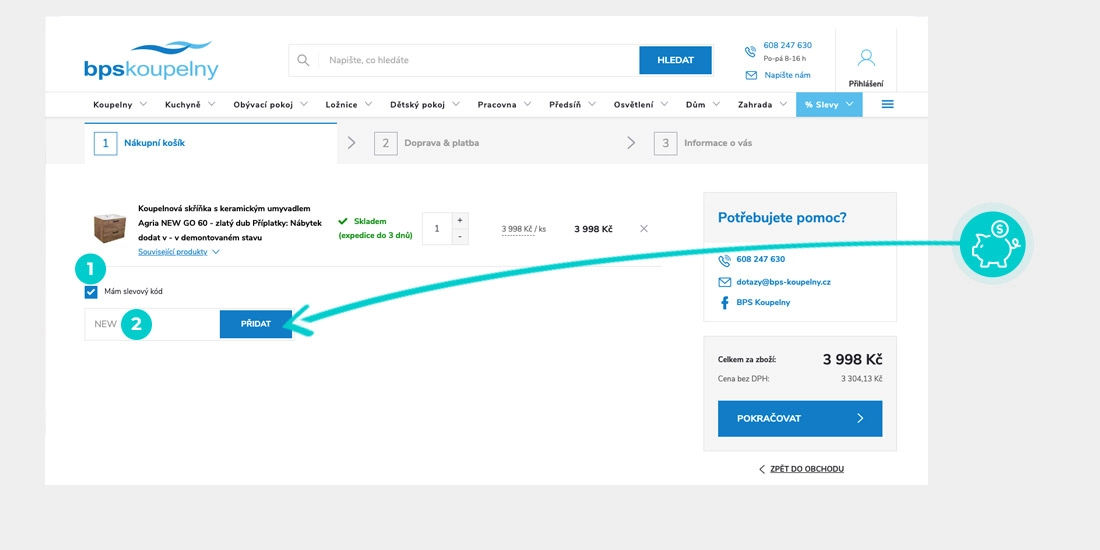 Návod jak uplatnit slevový kód v košíku e-shopu BPS Koupelny