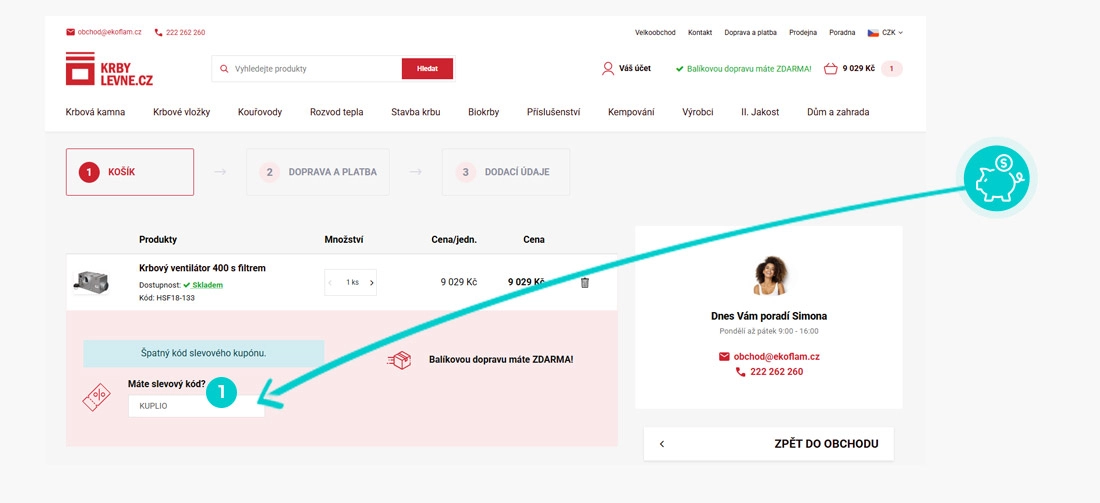 Návod jak uplatnit slevový kód v košíku e-shopu Krbylevne.cz