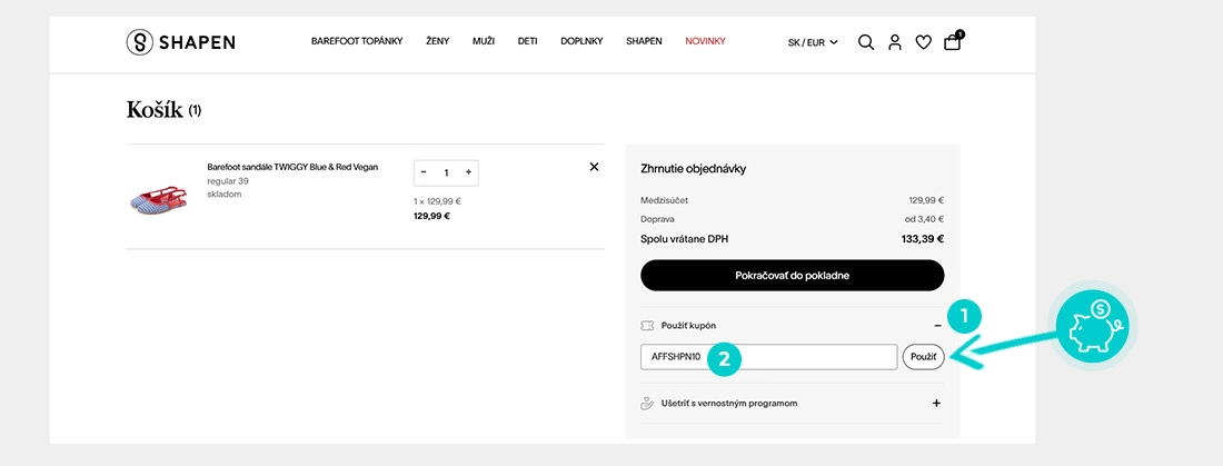 Návod jak uplatnit slevový kód v košíku e-shopu Shapen