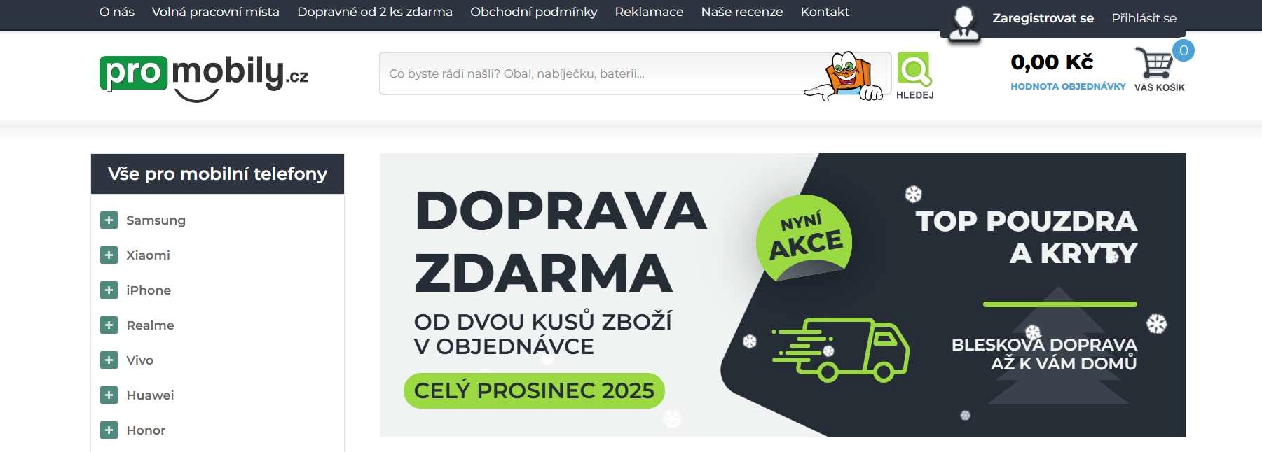 webové stránky e-shopu s akční nabídkou dopravy zdarma