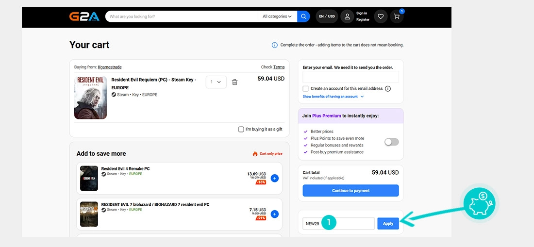 Návod jak uplatnit slevový kód v košíku e-shopu G2A