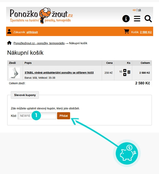 Návod jak uplatnit slevový kód v košíku e-shopu Ponožkožrout