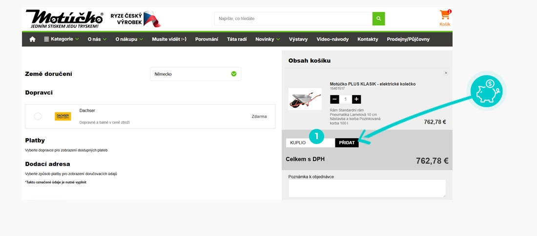 Návod jak uplatnit slevový kód v košíku e-shopu Motúčko