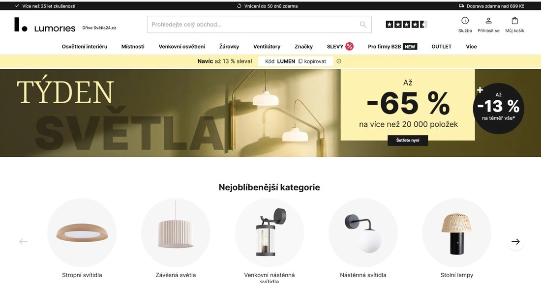 Homepage e-shopu Lumories se světly ve žluto hnědém pozadí