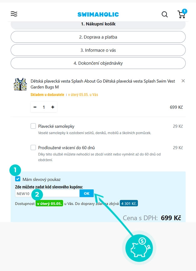 Návod jak uplatnit slevový kód v košíku e-shopu Swimaholic