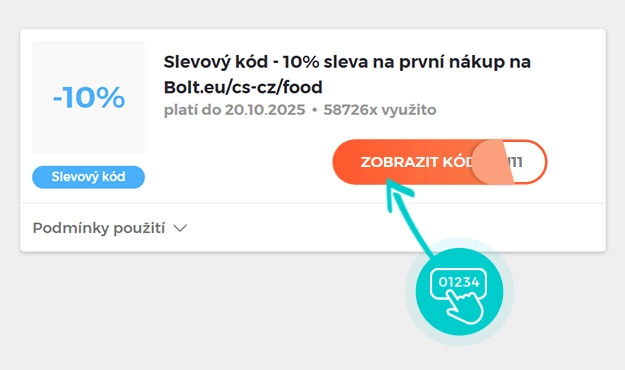Ukázka slevového kódu Bolt Food