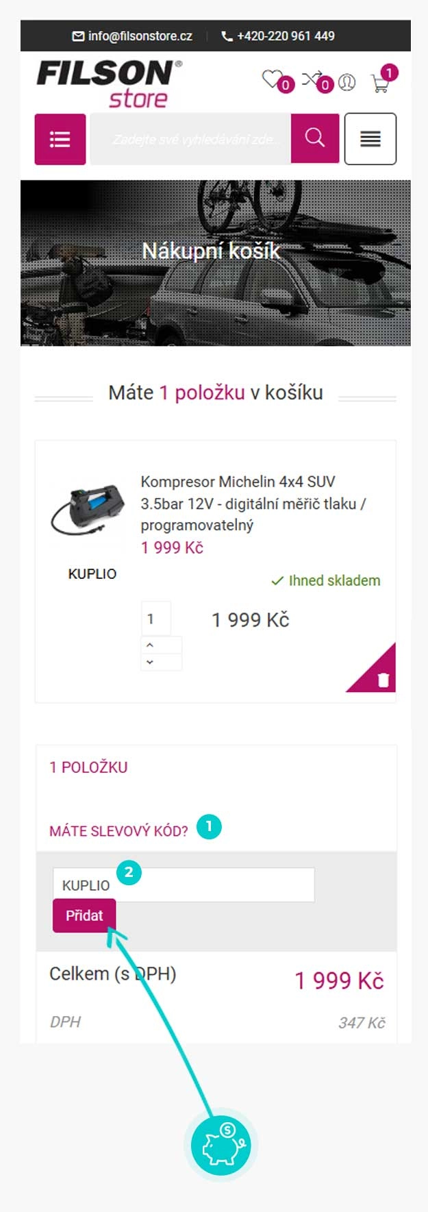 Návod jak uplatnit slevový kód v košíku e-shopu Filson store