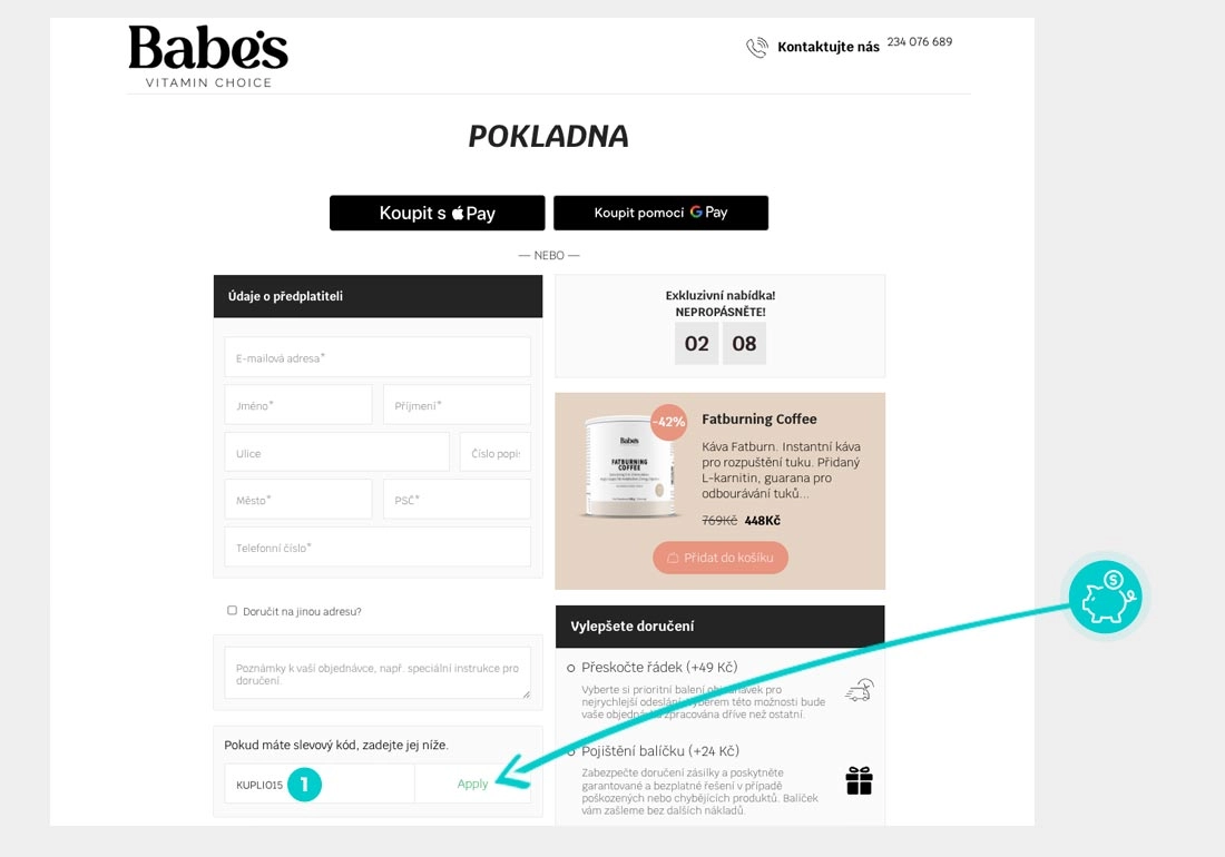 Návod jak uplatnit slevový kód v košíku e-shopu Babe’s Vitamins