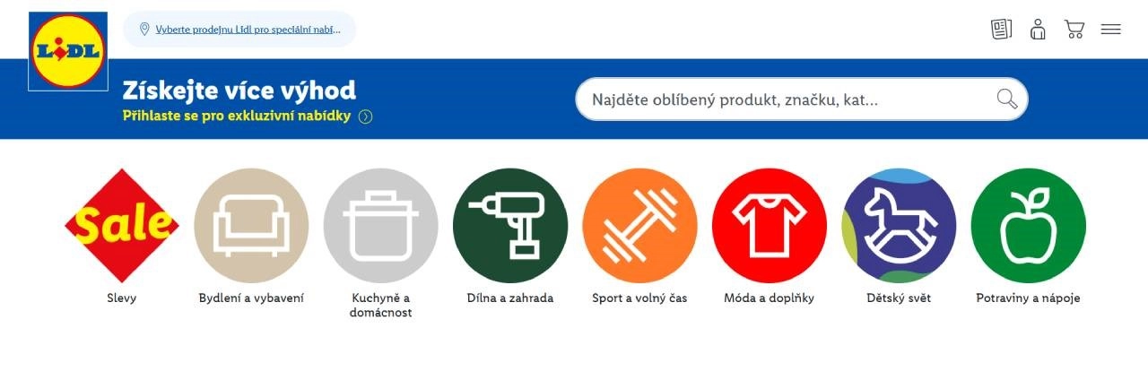 homepage a nabídka kategorií eshopu Lidl