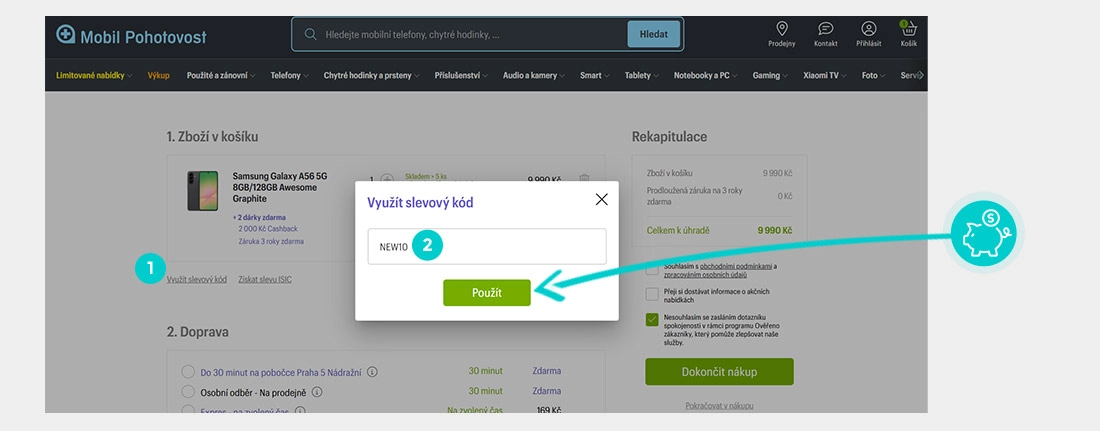 Návod jak uplatnit slevový kód v košíku e-shopu MobilPohotovost