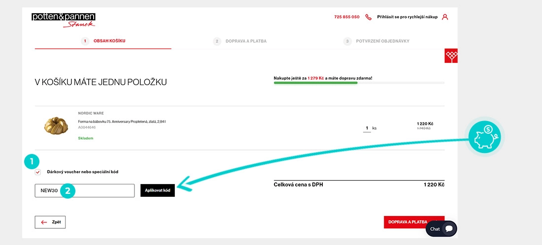 Návod jak uplatnit slevový kód v košíku e-shopu Potten Pannen