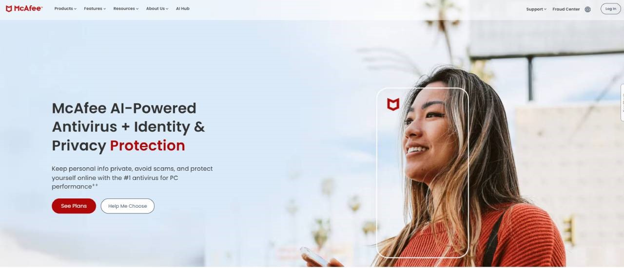 homepage McAfee s nabídkou antivirového programu