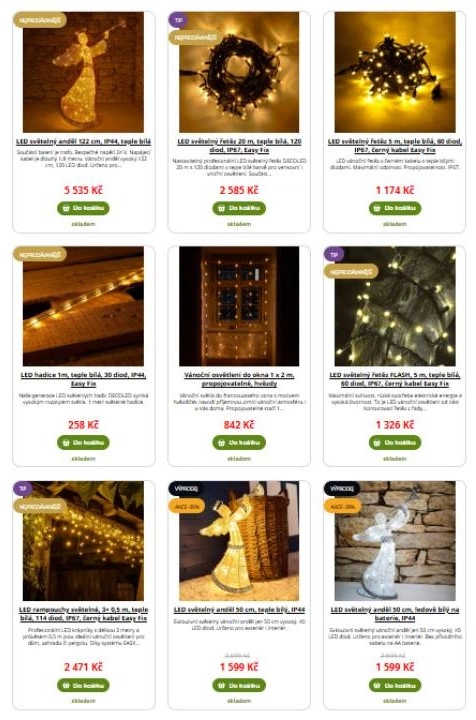 venkovní osvětlení andělů, řetězy, hadice a centouchy