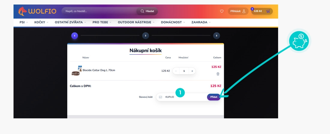 Návod jak uplatnit slevový kód v košíku e-shopu Wolfio