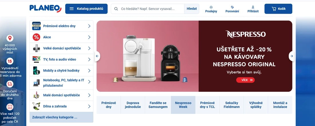 Homepage e-shopu Planeo s popisy kategorií a dvěma druhy kávovaru