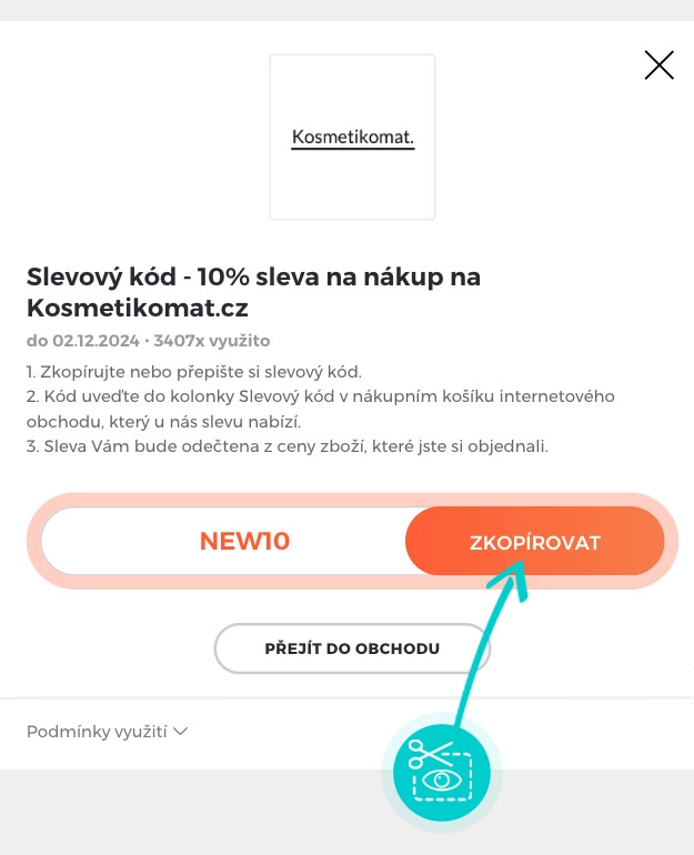 Návod jak zkopírovat slevový kód Kosmetikomat