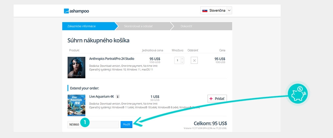 Návod jak uplatnit slevový kód v košíku e-shopu Ashampoo
