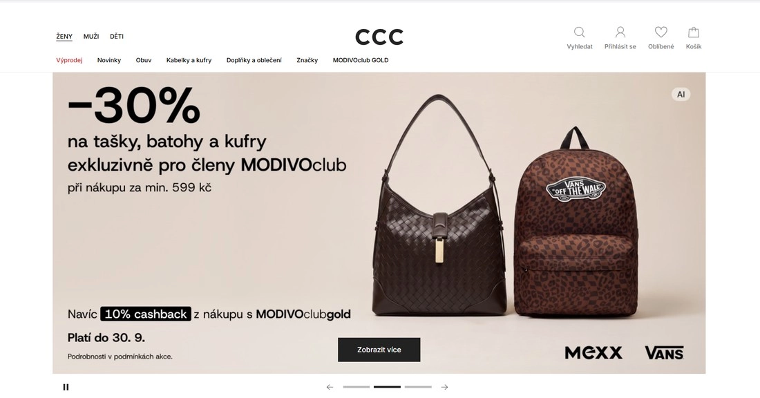 Stránka e-shopu CCC s kabelkami