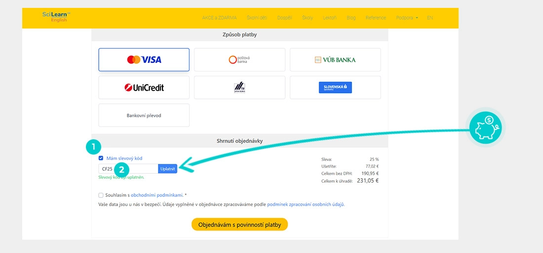Návod jak uplatnit slevový kód v košíku e-shopu SciLearn
