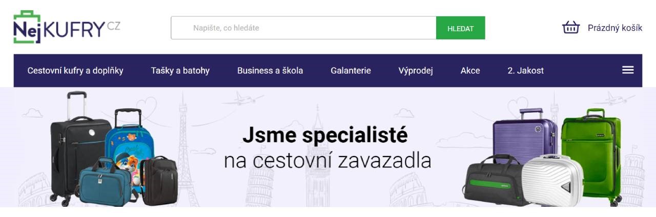 černý kufr, modrý kufr, modrá taška a černý batoh, fialový a zelený kufr, černá taška a bílý kufr