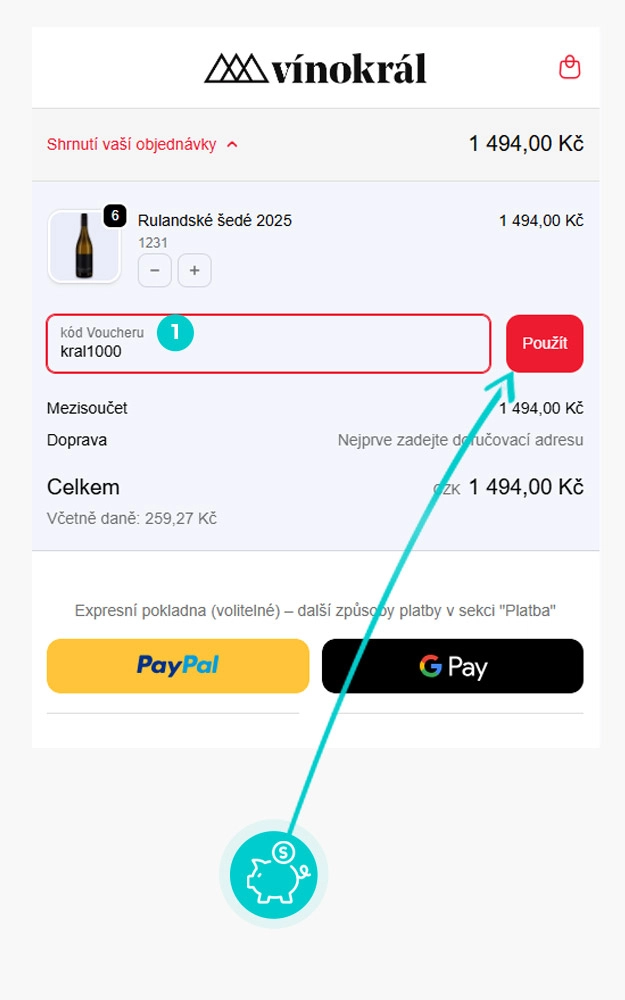 Návod jak uplatnit slevový kód v košíku e-shopu Vínokrál