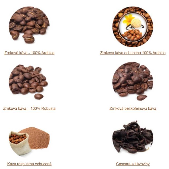 zrnková káva Arabica, ochucená, Robusta, bezkofeinová káva, rozpustná ochucená káva, Cascara a kávoviny