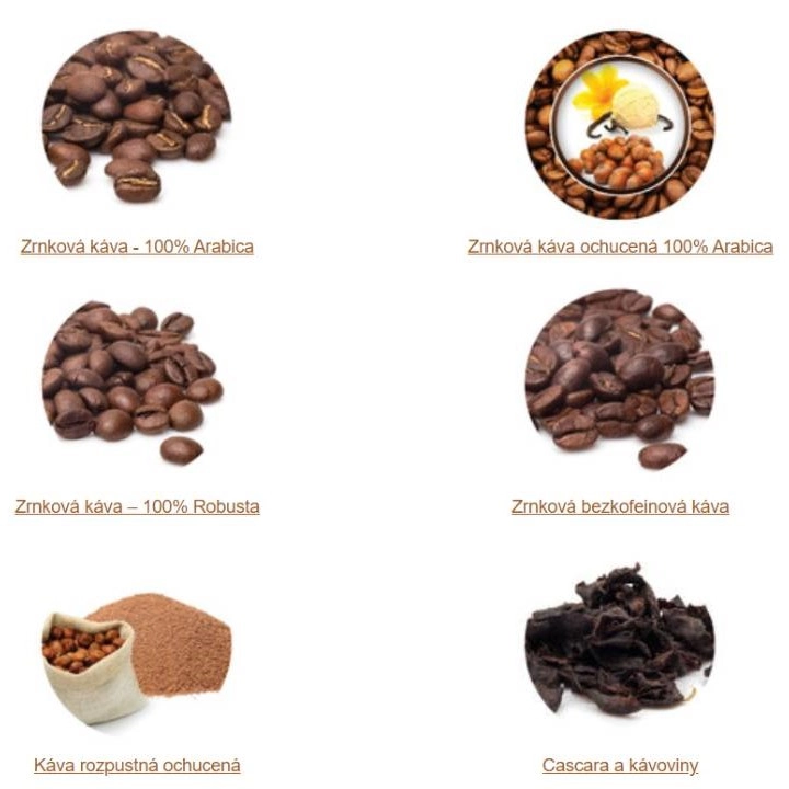 zrnková káva Arabica, ochucená, Robusta, bezkofeinová káva, rozpustná ochucená káva, Cascara a kávoviny