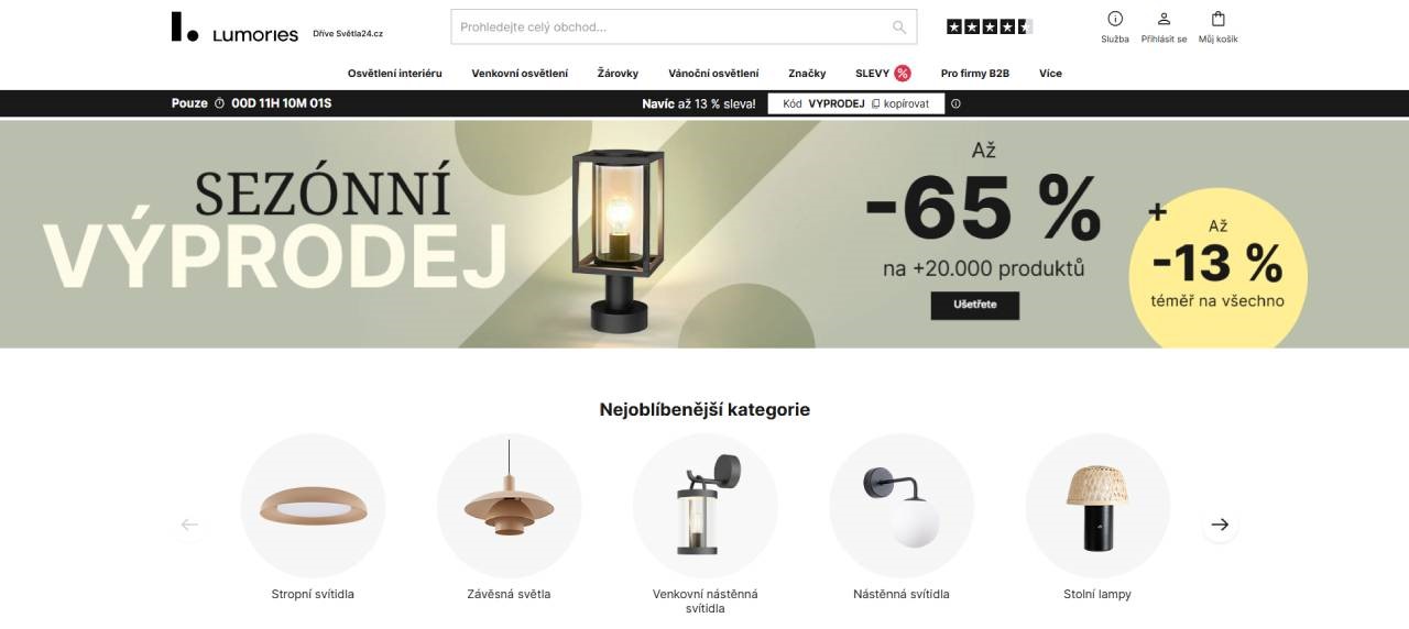 homepage Lumories s nabídkou nejoblíbenějších kategorií