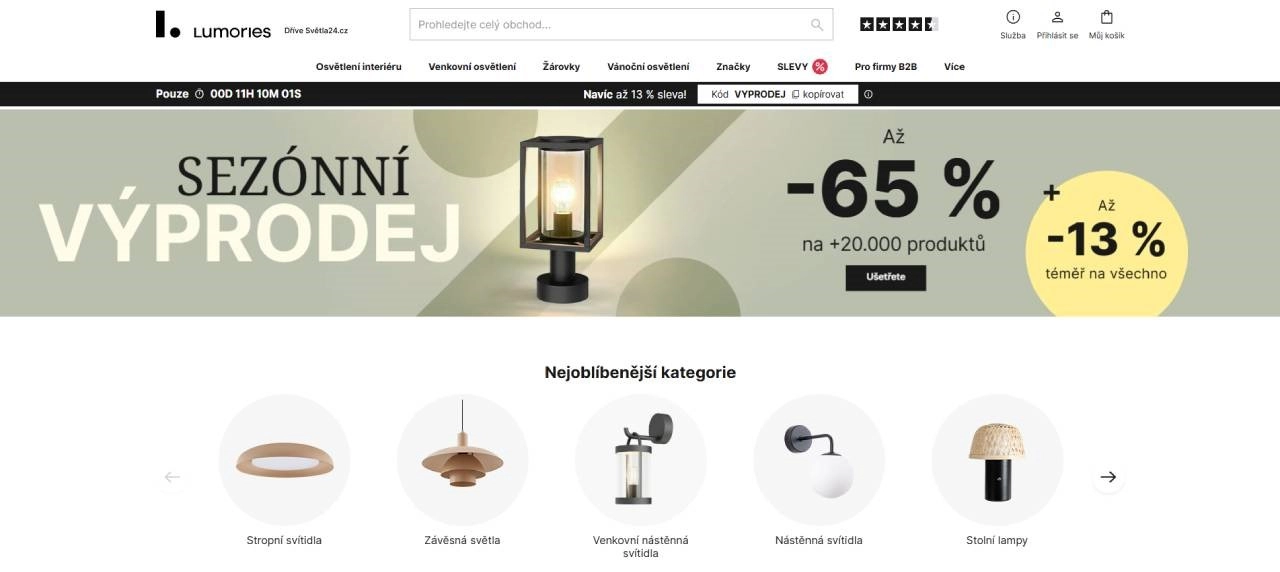 homepage Lumories s nabídkou nejoblíbenějších kategorií