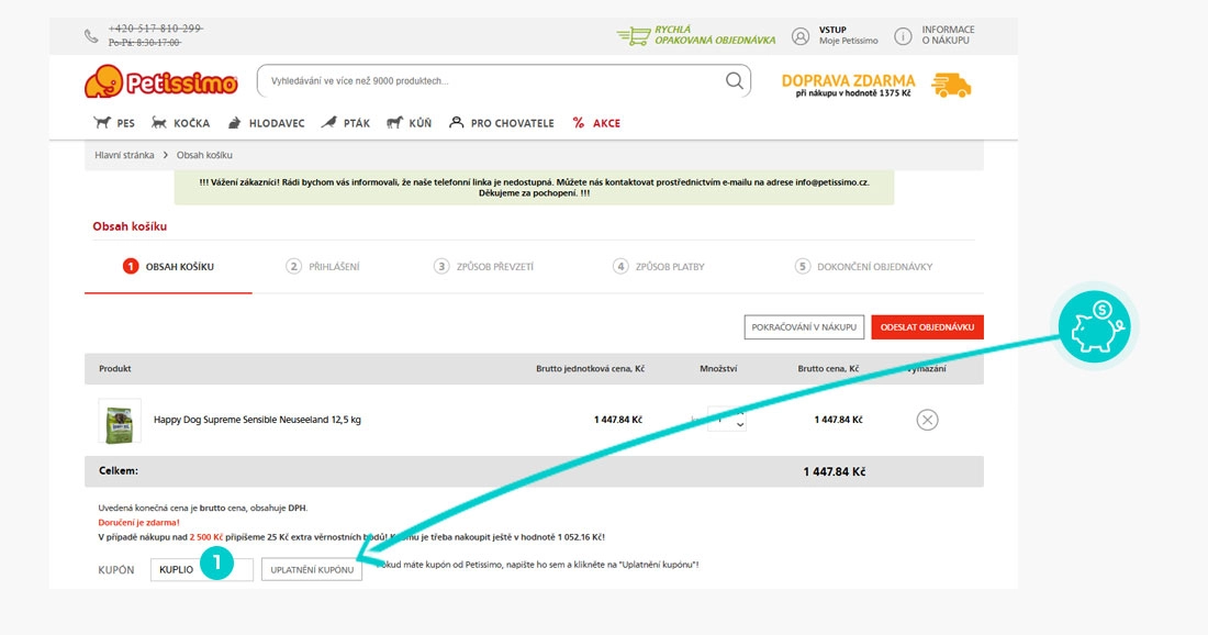 Návod jak uplatnit slevový kód v košíku e-shopu Petissimo