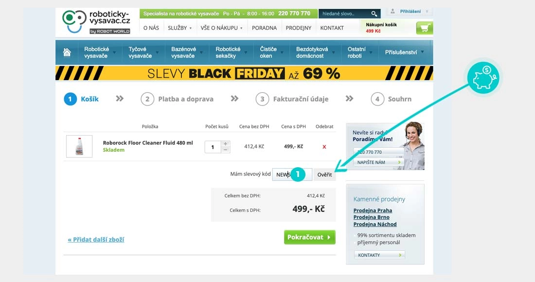 Návod jak uplatnit slevový kód v košíku e-shopu roboticky-vysavac