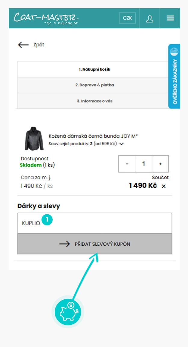Návod jak uplatnit slevový kód v košíku e-shopu Coat-Master