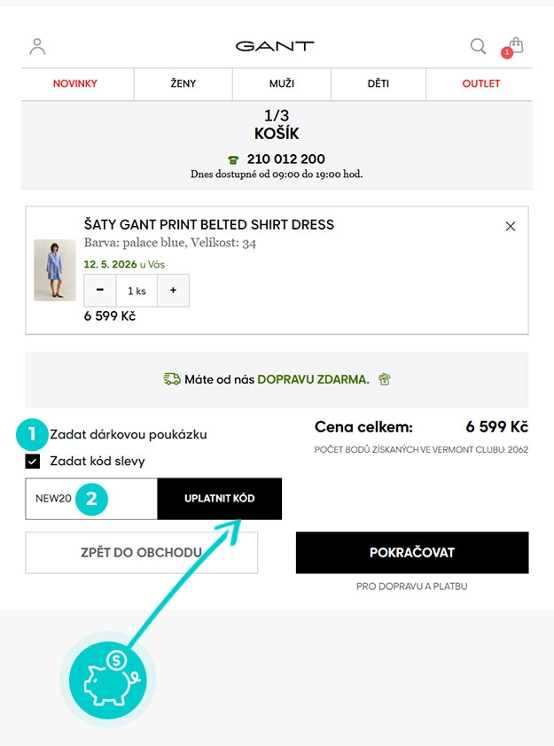 Návod jak uplatnit slevový kód v košíku e-shopu Gant