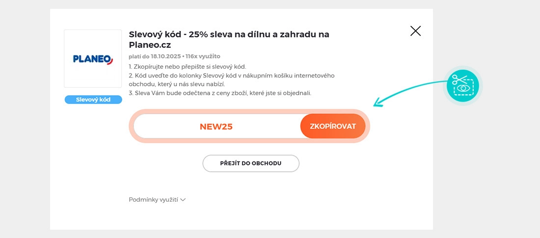 Návod jak zkopírovat slevový kód Planeo