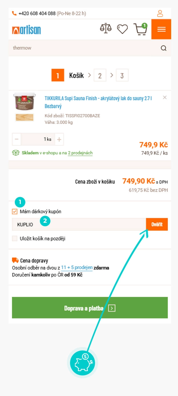 Návod jak uplatnit slevový kód v košíku e-shopu Artisan