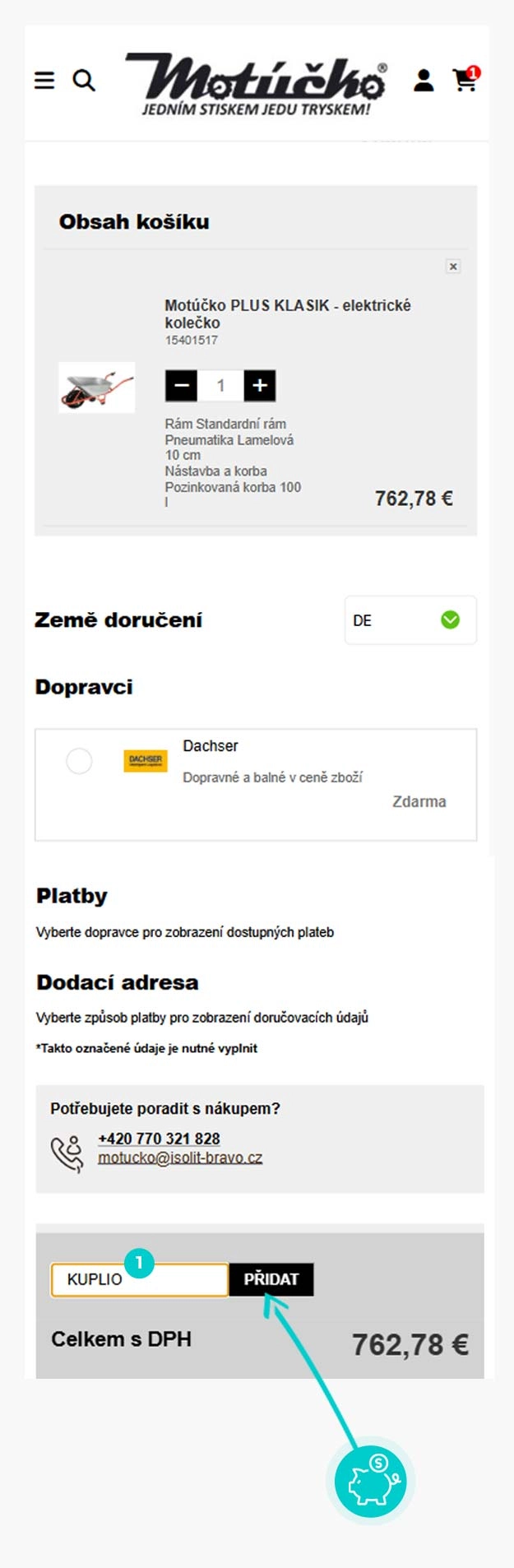 Návod jak uplatnit slevový kód v košíku e-shopu Motúčko