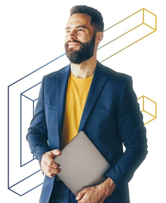 muž ve žlutém tričku a modrém saku s notebookem