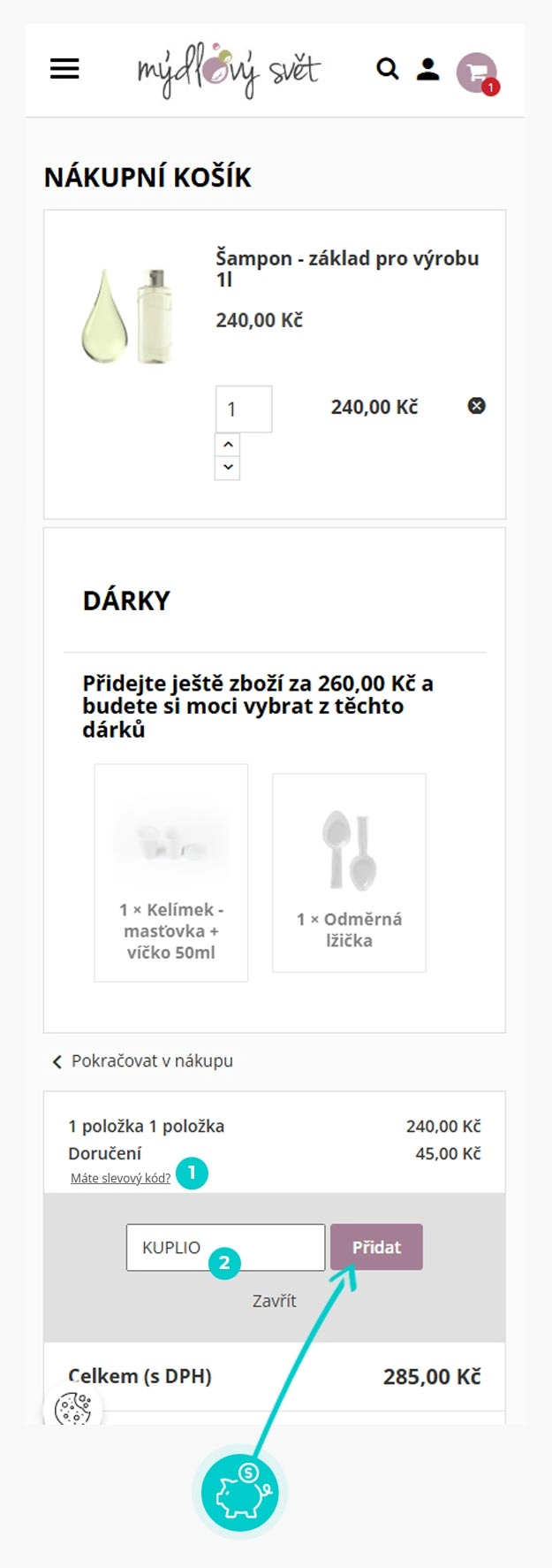 Návod jak uplatnit slevový kód v košíku e-shopu mýdlový svět
