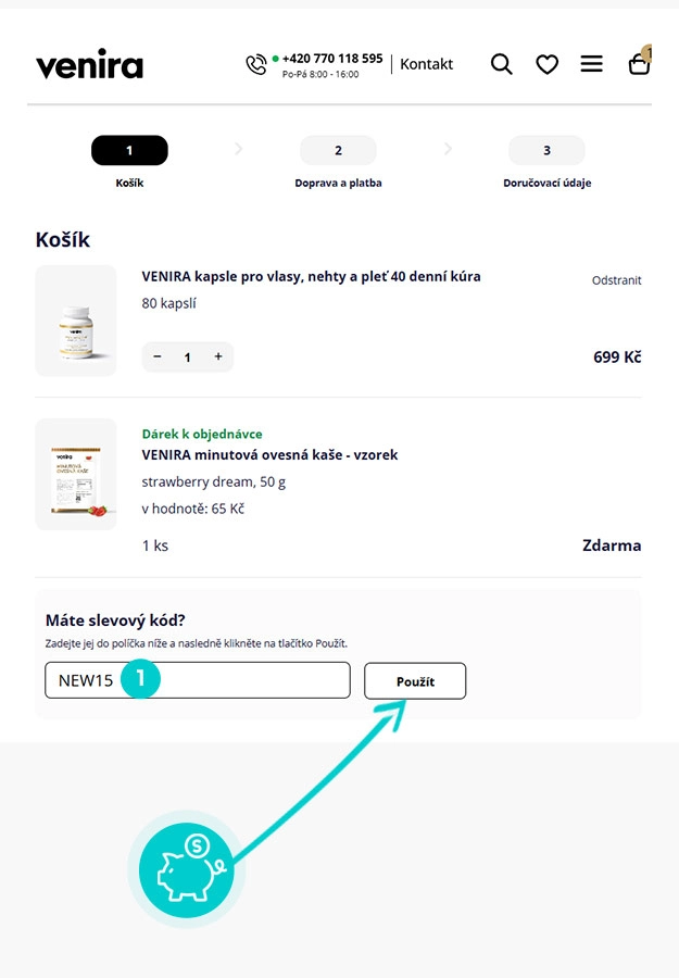 Návod jak uplatnit slevový kód v košíku e-shopu Venira