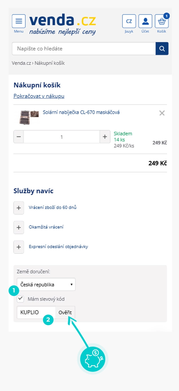 Návod jak uplatnit slevový kód v košíku e-shopu Venda