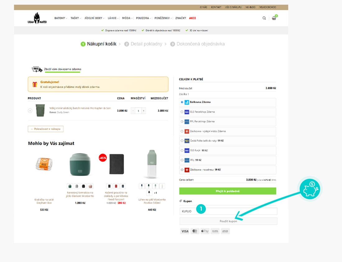 Návod jak uplatnit slevový kód v košíku e-shopu Urban Master