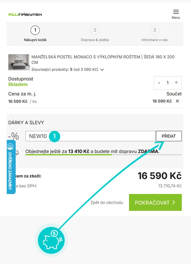 Návod jak uplatnit slevový kód v košíku e-shopu můjnábytek