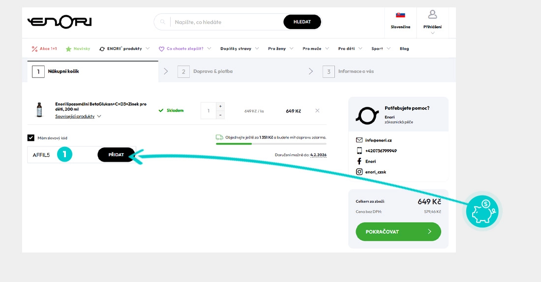 Návod jak uplatnit slevový kód v košíku e-shopu Enori