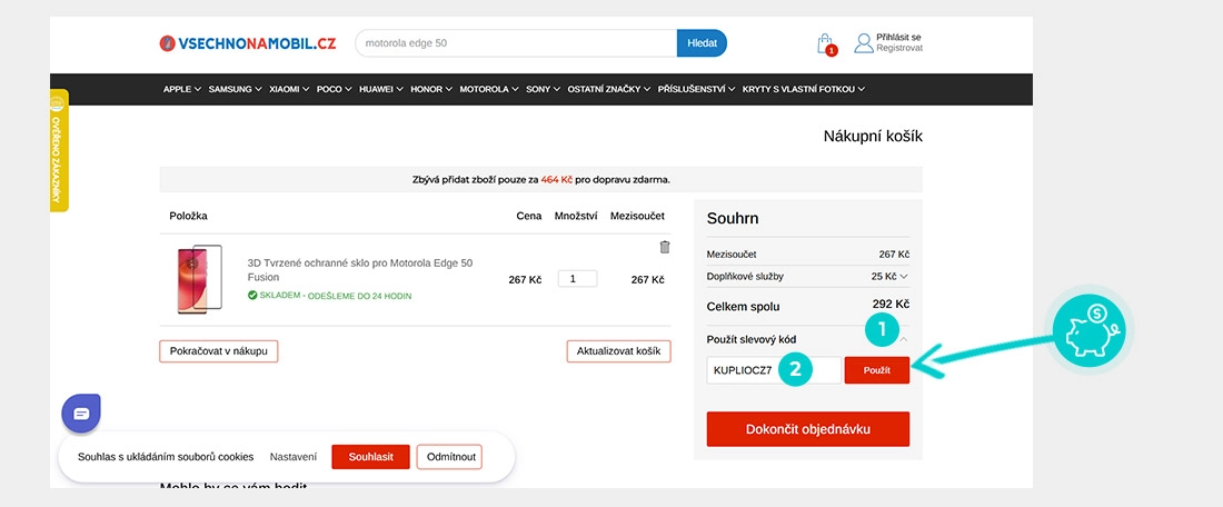 Návod jak uplatnit slevový kód v košíku e-shopu Vsechnonamobil
