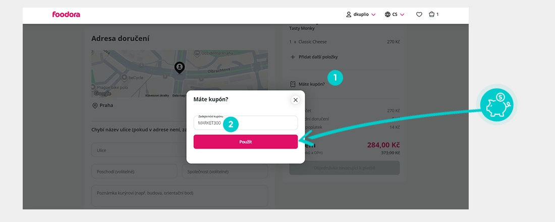 Návod jak uplatnit slevový kód v košíku e-shopu foodora
