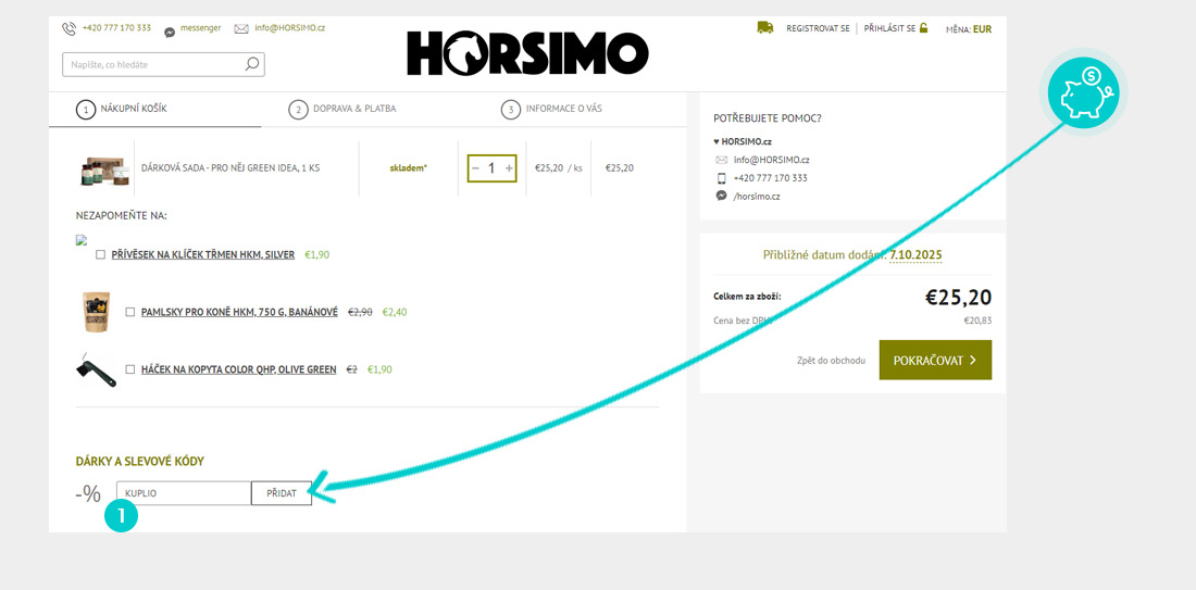 Návod jak uplatnit slevový kód v košíku e-shopu Horsimo